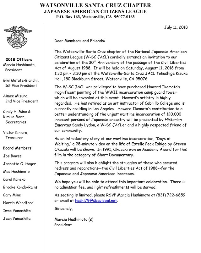 W-SC JACL letter of invitation Civil Liberties Act 1988